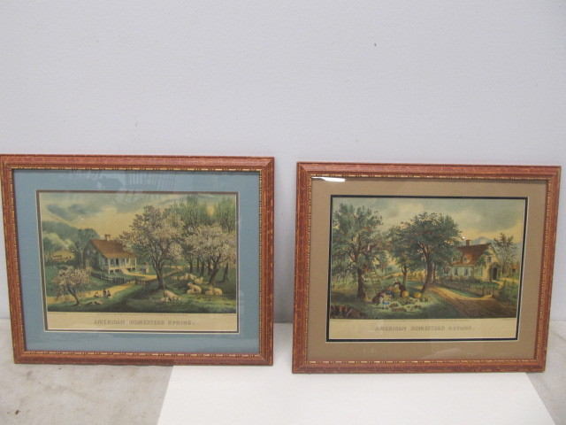 lot 196 image: Vintage Framed Courier & Ives Prints American Homestead - Spring & Autumn