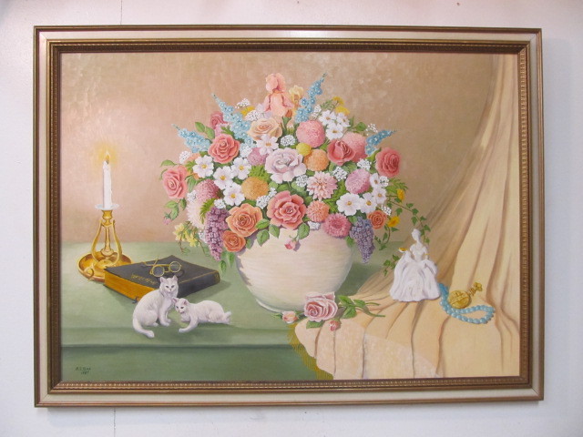 lot 89 image: LARGE Framed Signed Still Life Oil on Canvas Painting - Agnes Boss Albert Lea Artist