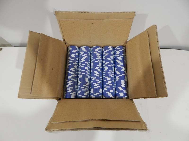 Case of 1000 Blue with White 11.5 Gram Clay Composite Poker Chips with Card Suits Design
