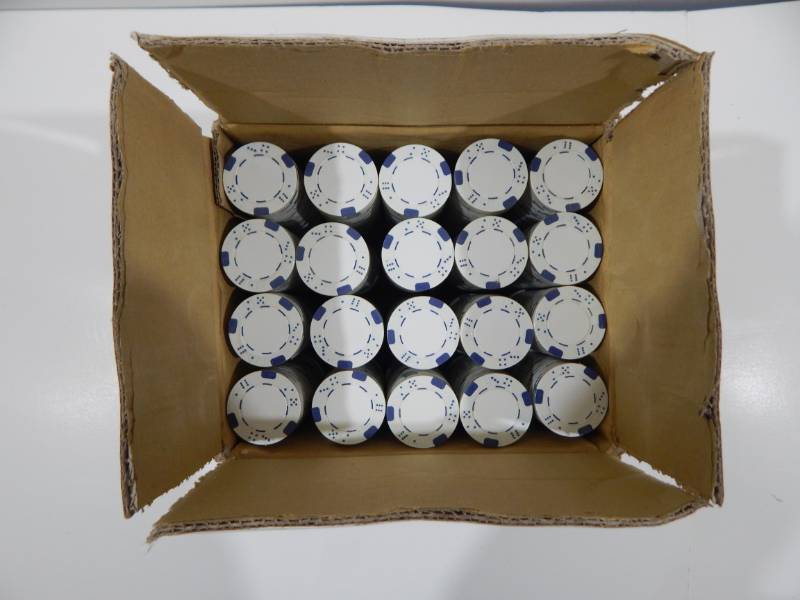 Case of 1000 White with Blue 11.5 Gram Clay Composite Poker Chips with Dice Design