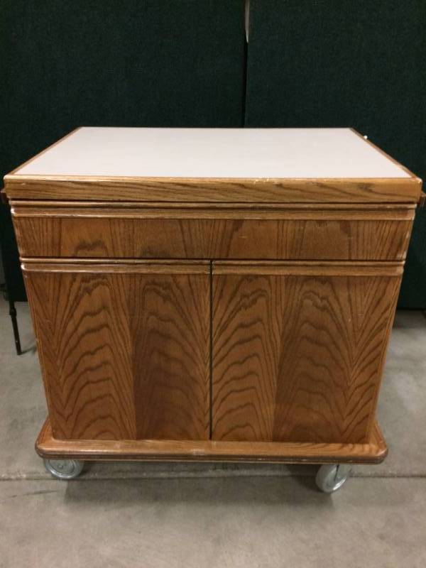 lot 34 image: Great Large Wood Medical Cart With Undercounter Drawer & Cabinet... Would make a great portable center island