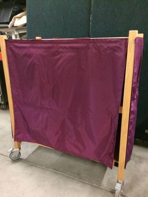 lot 39 image: MSRP $1400 Non Magnetic Mri Universal Oak Wood Coil Cart 3 Shelves With Bordeaux Nylon Cover attaches to cart with hook and loop velcro. - Great Condition
