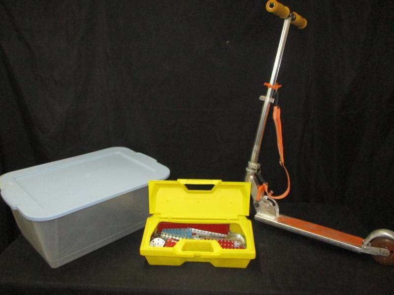 lot 13 image: Scooter, Erector Set, Plastic tote