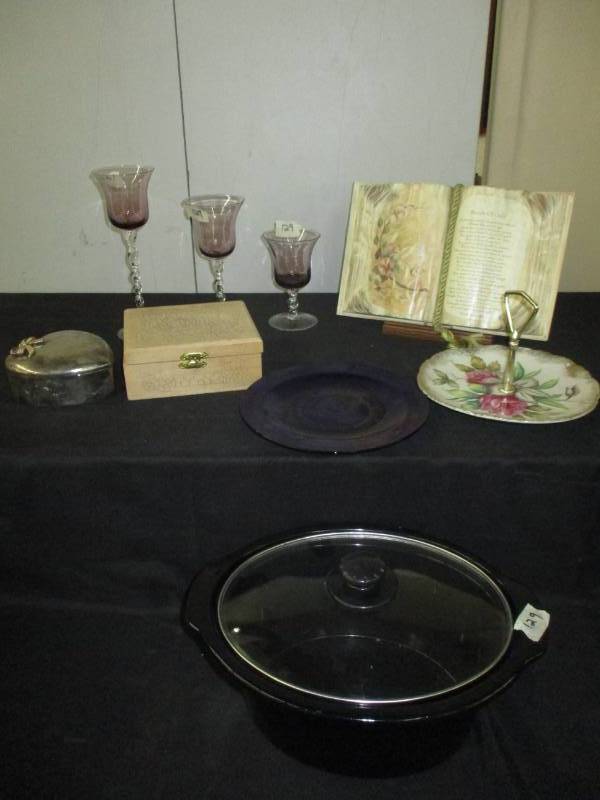 lot 140 image: Candle Holders, Decorative plate, Crock insert and jewelry holders