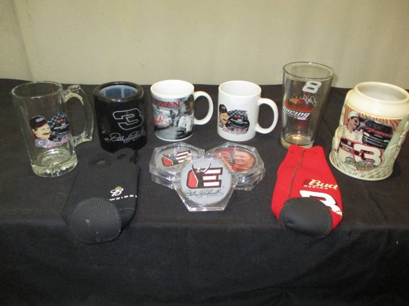 lot 178 image: Dale Earnhardt Coffee Mugs, Coasters, Can and Bottle coozies