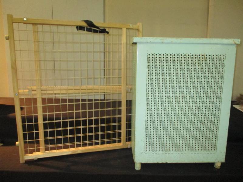 lot 200 image: Metal Hamper  20 12 x 12 x 27 12 and Baby Gate