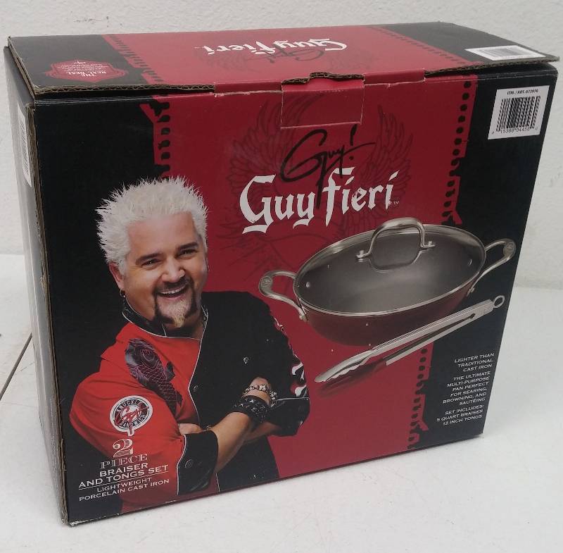 lot 2 image: Guy Fieri 2 piece Braiser & Tongs Set, as-new in box
