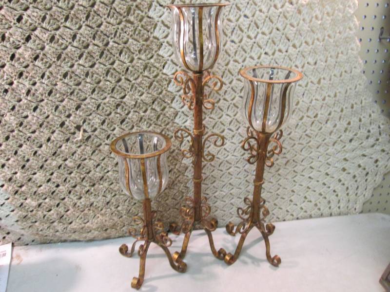 lot 93 image: 3pc Metal and Glass Candle Holders ...