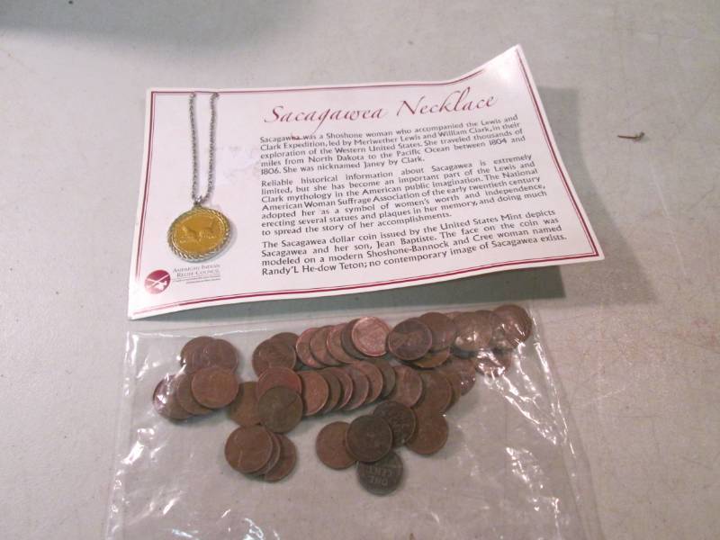 lot 99 image: Lot of 50 Wheat Pennies and a Sacag...