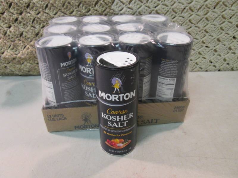 lot 123 image: Case of 12 Morton Coarse Kosher Sal...