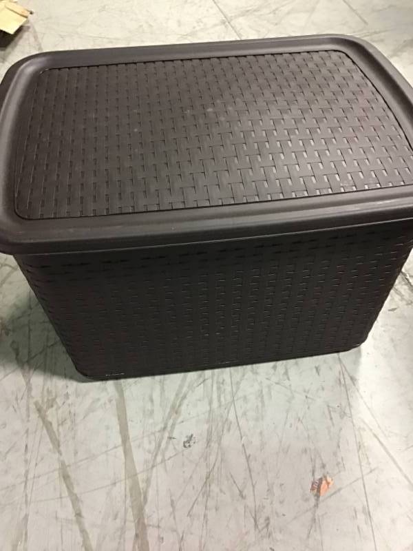 lot 2 image: Sterilite 17 Gal. Plastic Weave Storage Tote in Espresso in like new condition