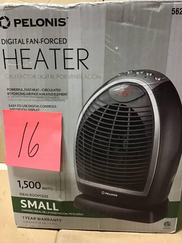 lot 16 image: Pelonis 1500-Watt Digital Fan Forced Electric Portable Heater open box in like new condition