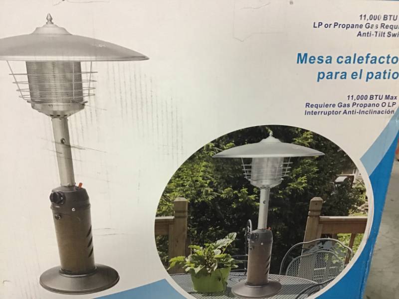 lot 18 image: Hampton Bay 11,000 BTU Powder Coated Bronze Tabletop Propane Patio Heater open box in like new condition