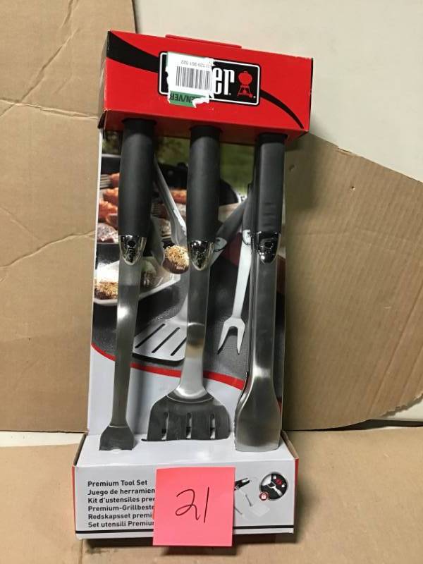 lot 21 image: Weber 3-Piece Stainless Steel Grill Tool Set open box in like new condition