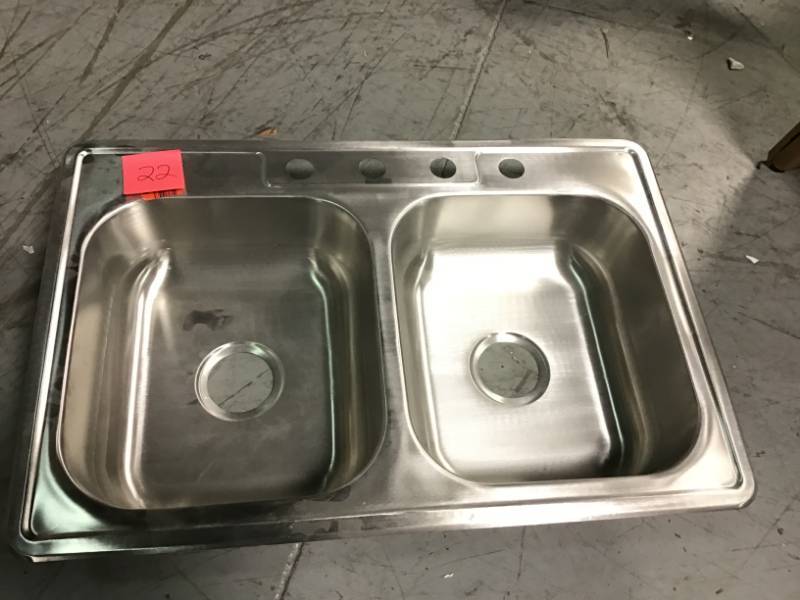 lot 22 image: Glacier Bay Drop-In Stainless Steel 33 in. 4-Hole Double Bowl Kitchen Sink not used