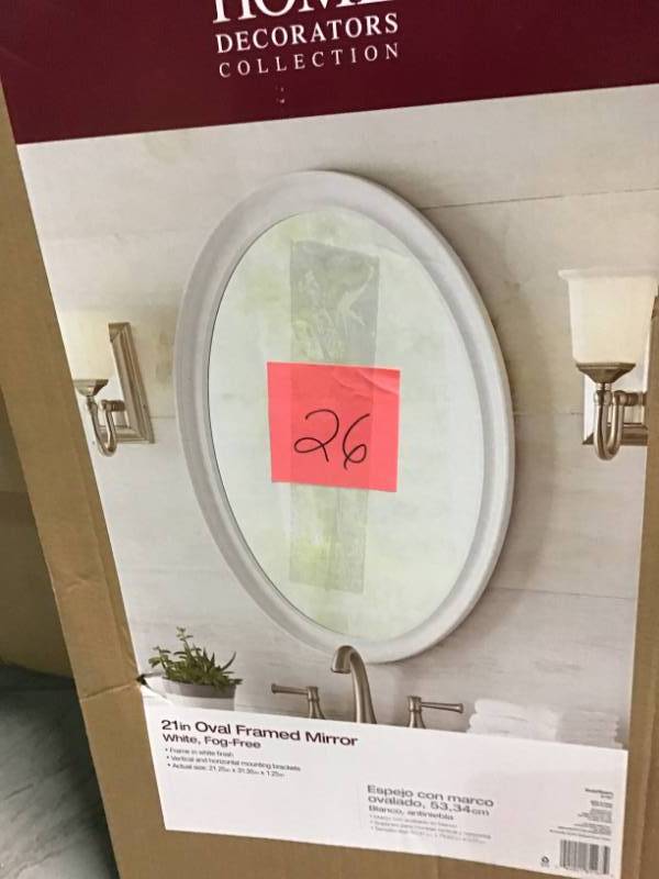 lot 26 image: Home Decorators Collection 21 in. W x 31 in. L Framed Fog Free Wall Mirror in White