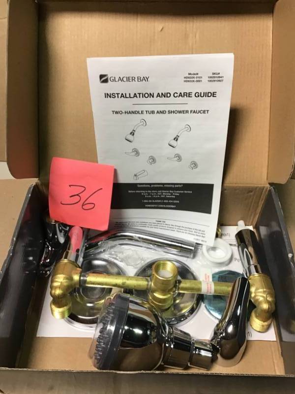 lot 36 image: Glacier Bay Aragon 2-Handle 1-Spray Shower Faucet in Chrome (Valve Included) open box in like new condition