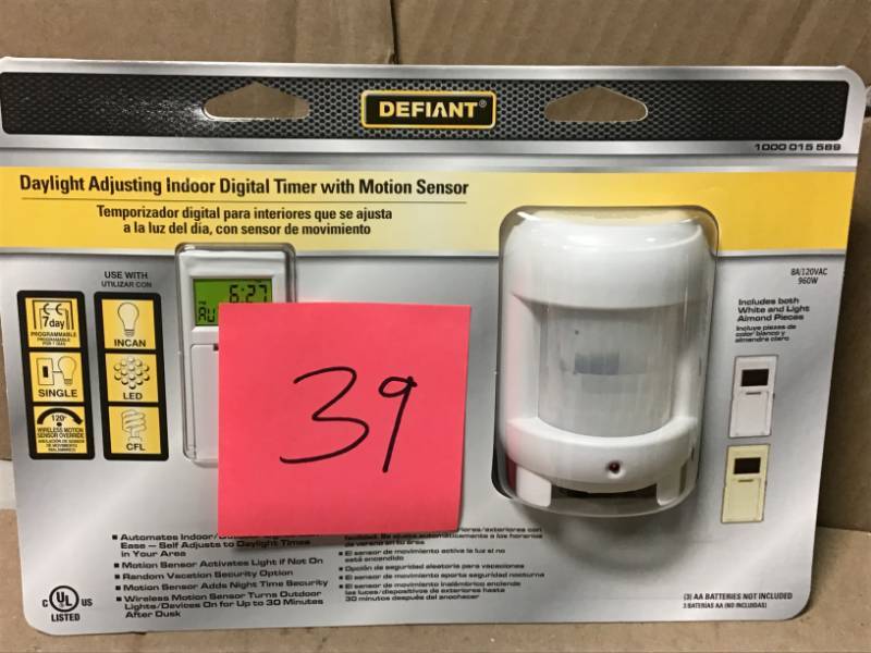 lot 39 image: Defiant 8 Amp 7-Day Indoor In-Wall SunSmart Digital Timer Switch with Motion Sensor, White new