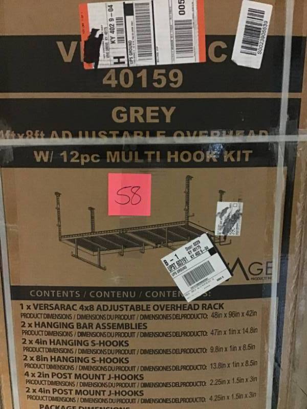 lot 58 image: NewAge Products Versarac 48 in. W x 18 in. H x 96 in. D Adjustable Ceiling Storage Rack with 12-Piece Hooks in Gray not used