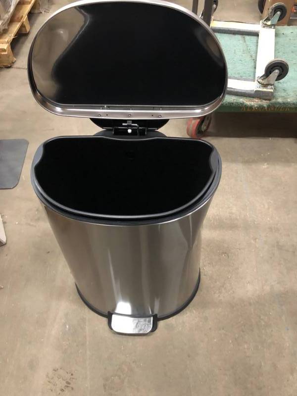 lot 61 image: HDX 13 Gal. Stainless Steel Step-On Trash Can SEE PICS DAMAGE