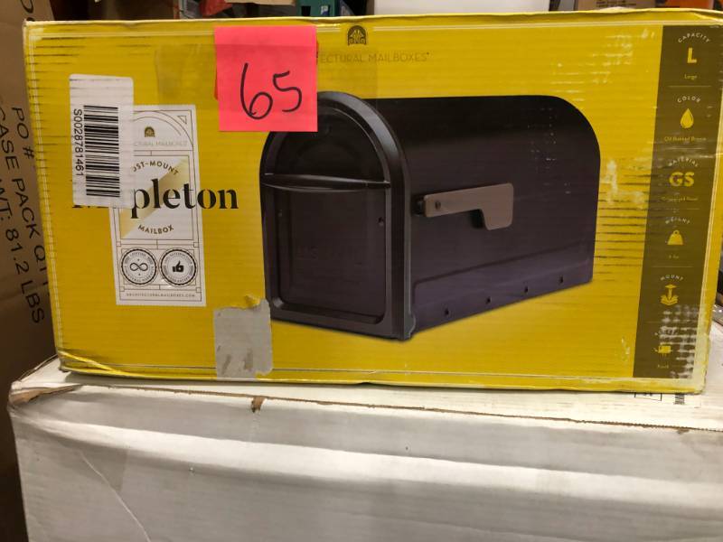 lot 65 image: Architectural Mailboxes Mapleton Post Mount Mailbox Rubbed Bronze with Premium Champagne Flag open box in like new condition