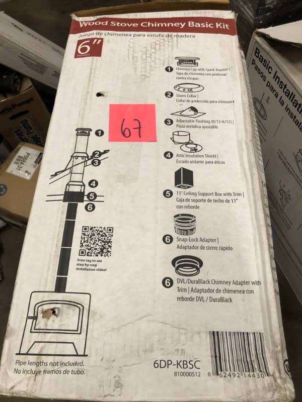 lot 67 image: DuraVent DuraPlus 6 in. Triple-Wall Basic Through-The-Ceiling Chimney Stove Pipe Vent Kit open box in like new condition
