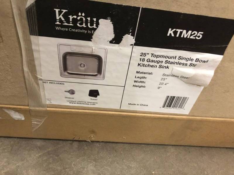 lot 73 image: KRAUS Drop-In Stainless Steel 25 in. 3-Hole Single Bowl Kitchen Sink Kit open box in like new condition