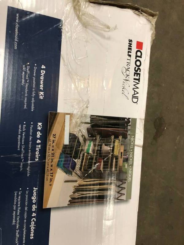lot 79 image: ClosetMaid 17 in. D x 21 in. W x 27 in. H ShelfTrack 4-Drawer Kit Steel Closet System in Nickel open box in like new condition