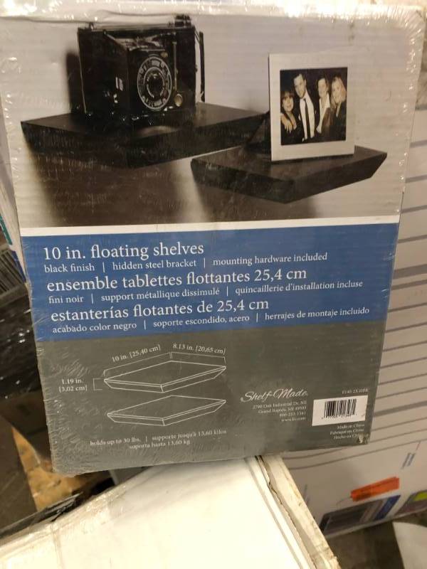 lot 86 image: Knape & Vogt 10 in. W x 8 in. D Wall Mounted Black Decorative Shelf Kit (2-Piece) not used
