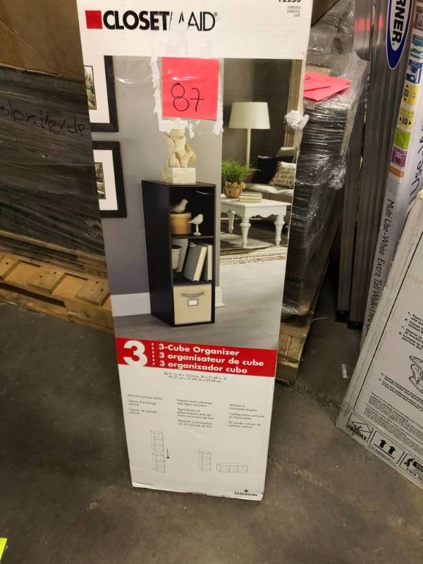lot 87 image: ClosetMaid 12 in. W x 36 in. H Espresso Stackable 3-Cube Organizer not used
