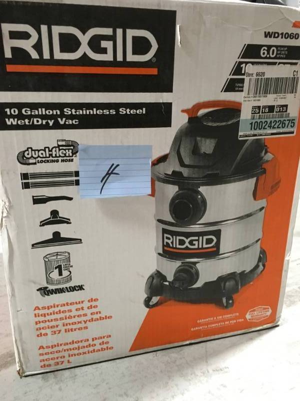 lot 4 image: RIDGID 10 Gal. 6.0 Peak HP Stainless Wet Dry Vac USED in good condition