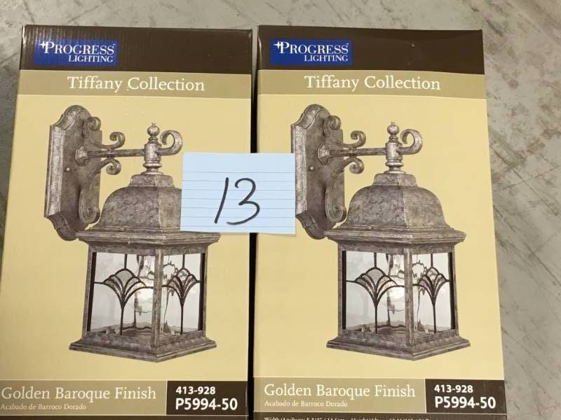 lot 13 image: Progress Lighting Tiffany 1-Light Golden Baroque Outdoor Wall Lantern P5994-50 QTY 2 not used