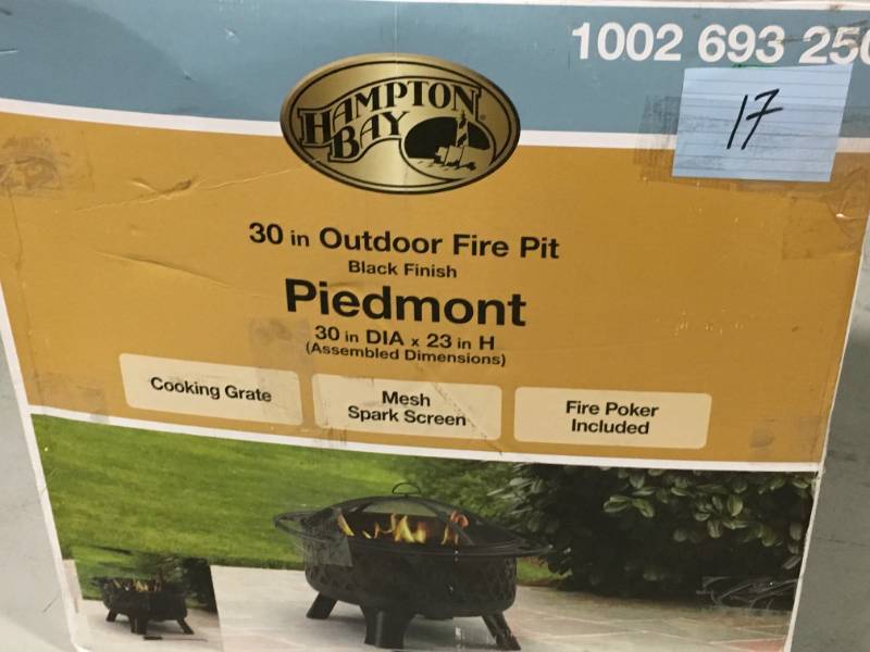 lot 17 image: Hampton Bay Piedmont 30 in. Steel Fire Pit in Black with Poker open box in like new condition