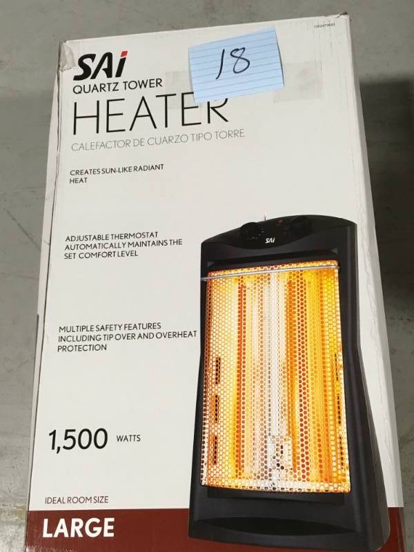 lot 18 image: SAI 1500-Watt Quartz Tower Heater, Black open box in like new condition