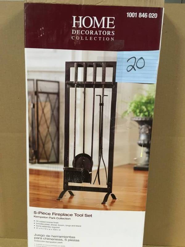 lot 20 image: Home Decorators Collection Kempston Park 5-Piece Fireplace Tool Set open box in like new condition