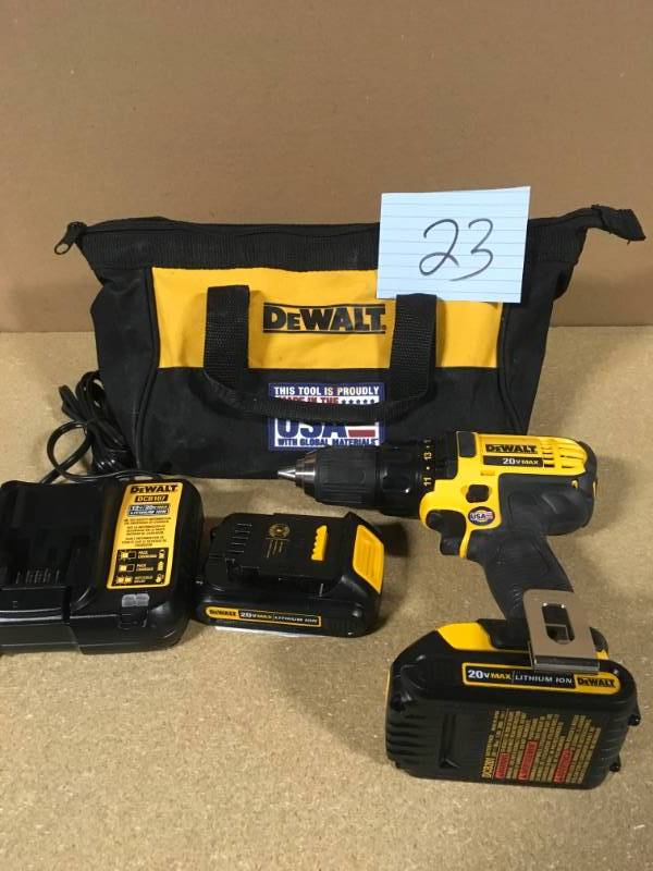 lot 23 image: DEWALT 20-Volt MAX Lithium-Ion Cordless Compact DrillDriver with 2 batteries , Charger and Tool Bag used in very good condition