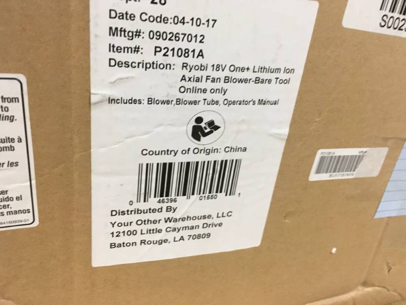 lot 25 image: Ryobi ONE 100 MPH 280 CFM 18-Volt Lithium-Ion Cordless Jet Fan Leaf Blower Battery and Charger Not Included open box in like new condition