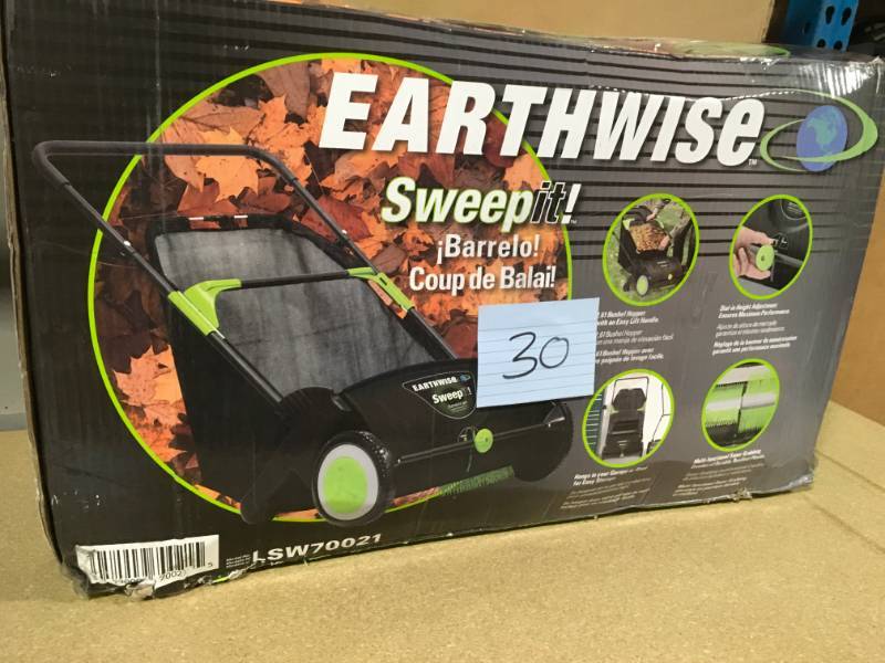 lot 30 image: Earthwise 21 in. Sweep-It Push Lawn Sweeper with 2.61 Bushel Collection Bag open box in like new condition
