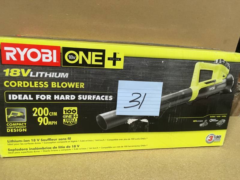 lot 31 image: Ryobi ONE 90 MPH 200 CFM 18-Volt Lithium-Ion Cordless Leaf Blower - 2.0 Ah Battery and Charger Included