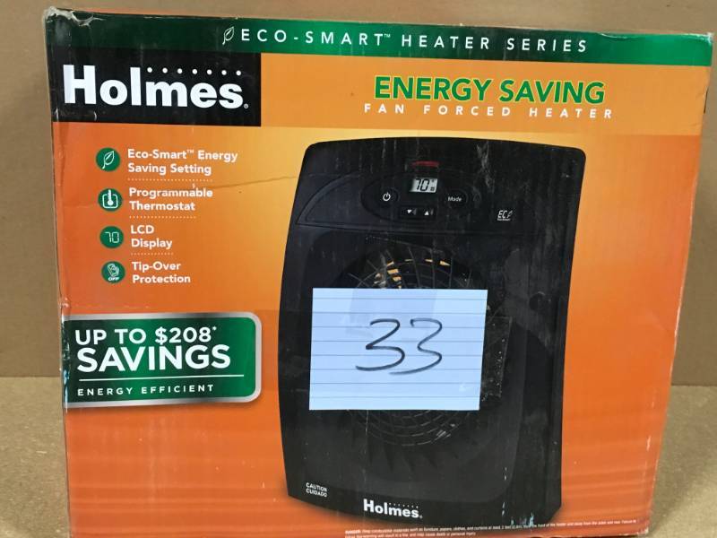 lot 33 image: Holmes Eco-Smart Energy Saving Fan Forced LCD Display Black Heater HEH8044EE open box in like new condition