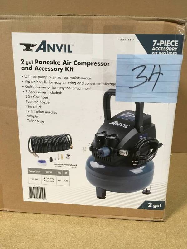 lot 34 image: ANVIL 2G Pancake Air Compressor with 7-Piece Accessories Kit not used