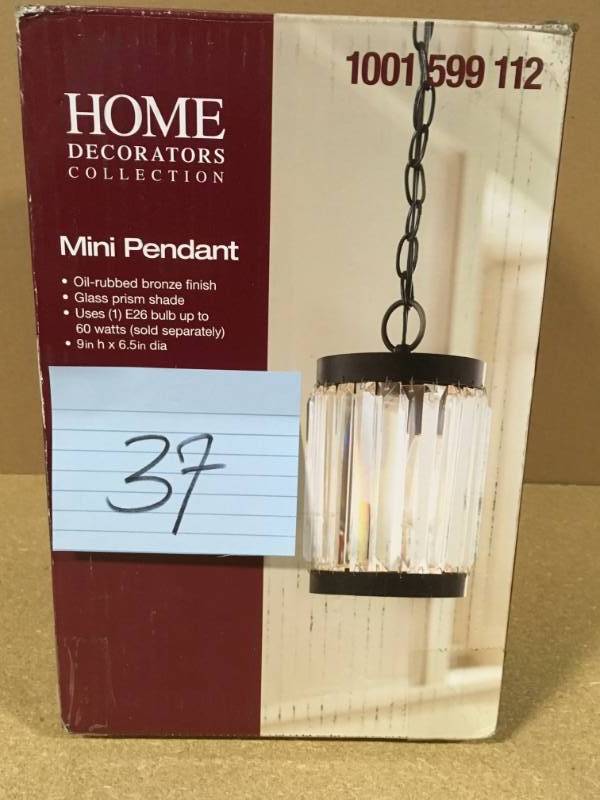 lot 37 image: Home Decorators Collection 1-Light Oil-Rubbed Bronze Indoor Mini Pendant with Glass Shade not used