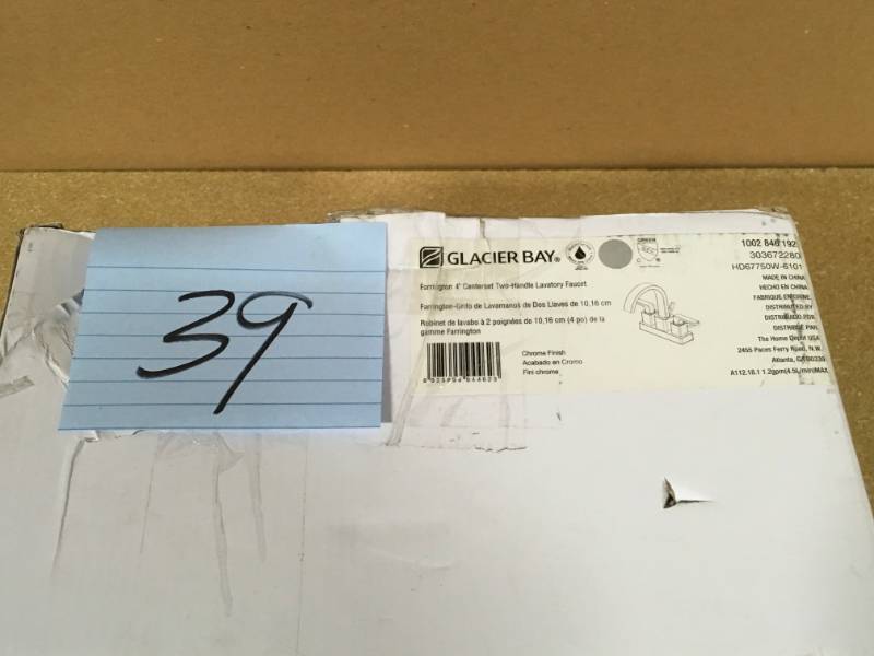 lot 39 image: Glacier Bay Farrington 4 in. Centerset 2-Handle Hi-Arc Bathroom Faucet in Chrome open box in like new condition
