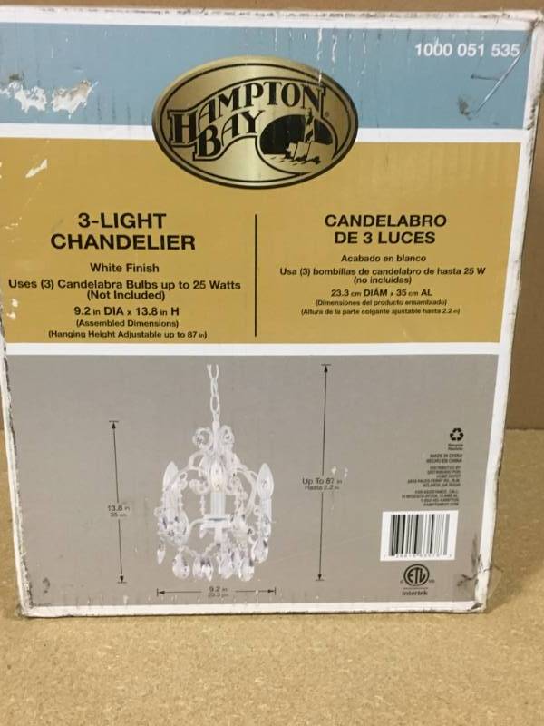 lot 41 image: Hampton Bay 3-Light White Mini Chandelier with Crystal Drops and Crystal Bead Strands not used