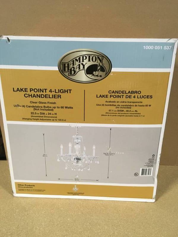 lot 50 image: Hampton Bay Lake Point 4-Light Chrome and Clear Crystal Chandelier not used