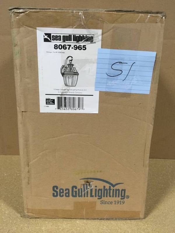 lot 51 image: Sea Gull Lighting Lancaster 1-Light Small Antique Brushed Nickel Outdoor Wall Fixture not used