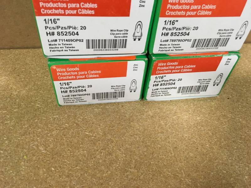 lot 55 image: Rope 116 in. Wire Rope Clip in Zinc which has UPC 008236933284 QTY 4 not used