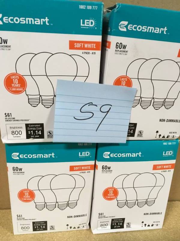 lot 59 image: EcoSmart 60-Watt Equivalent A19 Non-Dimmable LED Light Bulb Soft White (4-Pack) QTY 4 not used