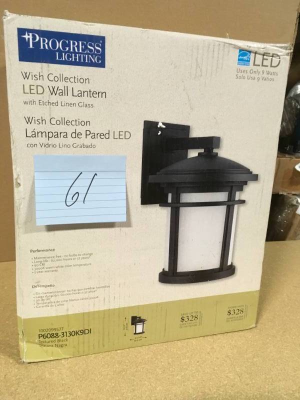 lot 61 image: Progress Lighting Wish Collection 1-Light Outdoor 9 Inch Textured Black LED Wall Lantern not used