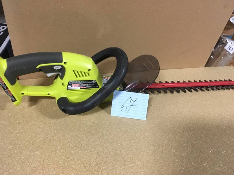 lot 67 image: Ryobi ONE 18 in. 18-Volt Lithium-Ion Cordless Hedge Trimmer - Battery and Charger Not Included open box in like new condition